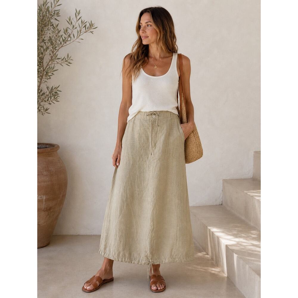 Part Two Midi Skirt Womens US 10 Beige Tan Linen Minimalist Lagenlook Granola